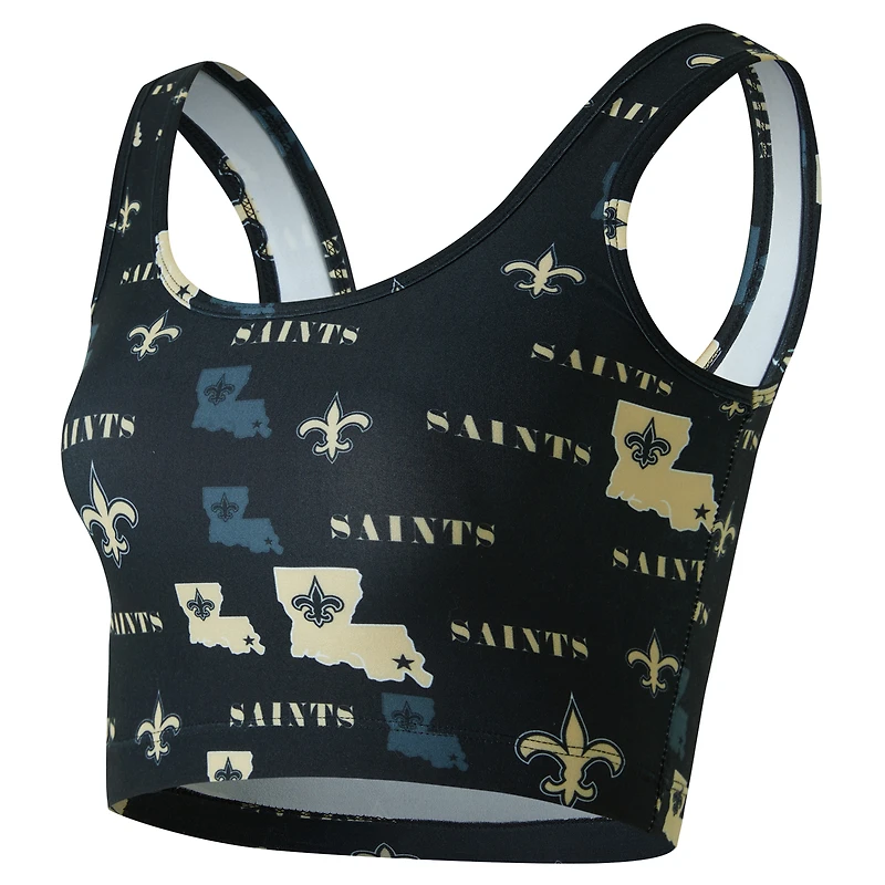 Brassière Concepts Sport noire à imprimé mosaïque des Saints de la Nouvelle-Orléans pour femme