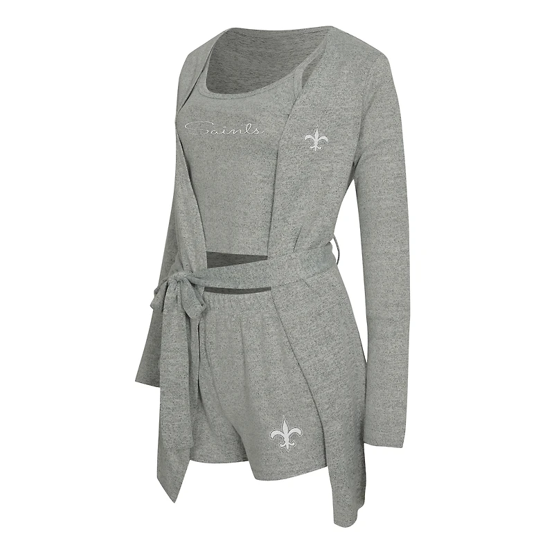 Ensemble débardeur, short et peignoir Rigor gris chiné pour femme Concepts Sport des Saints de la Nouvelle-Orléans