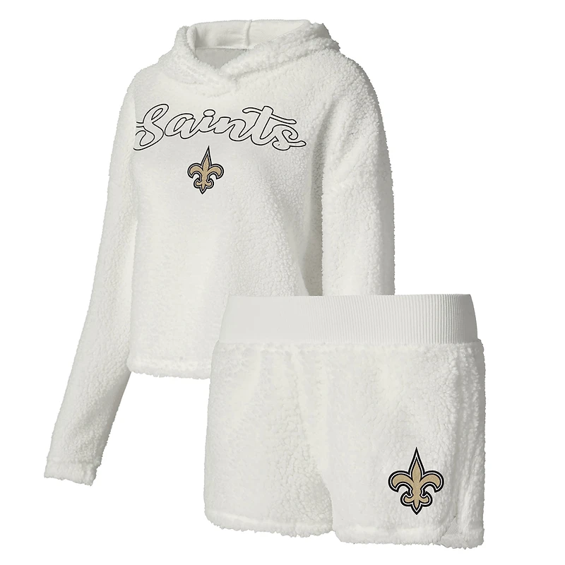 Women's Concepts Sport White New Orleans Saints Fluffy Pullover Sweatshirt & Shorts Sleep Set