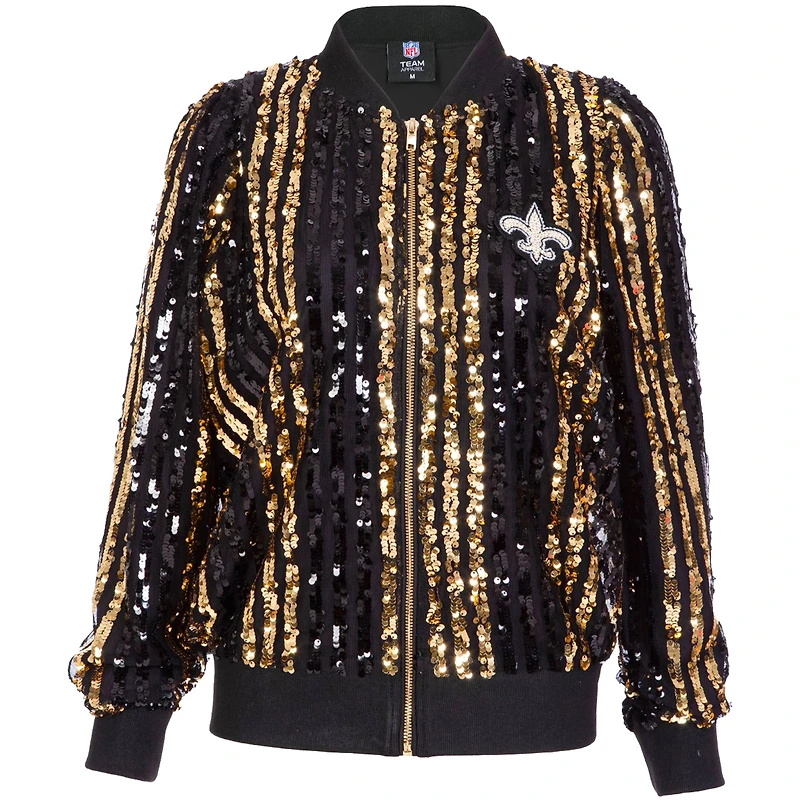 Veste bomber zippée à rayures et sequins pour femme Cuce Black New Orleans Saints