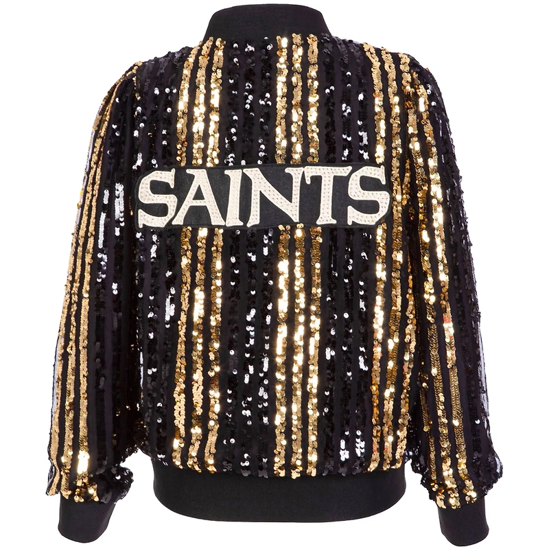 Veste bomber zippée à rayures et sequins pour femme Cuce Black New Orleans Saints