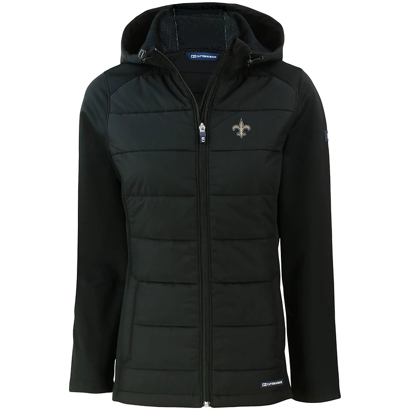 Veste à capuche entièrement zippée et recyclée en softshell hybride PrimaLoft Eco pour femme, noire, des Saints de la Nouvelle-Orléans, Cutter & Buck Evoke