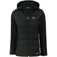 Veste à capuche entièrement zippée et recyclée en softshell hybride PrimaLoft Eco pour femme, noire, des Saints de la Nouvelle-Orléans, Cutter & Buck Evoke