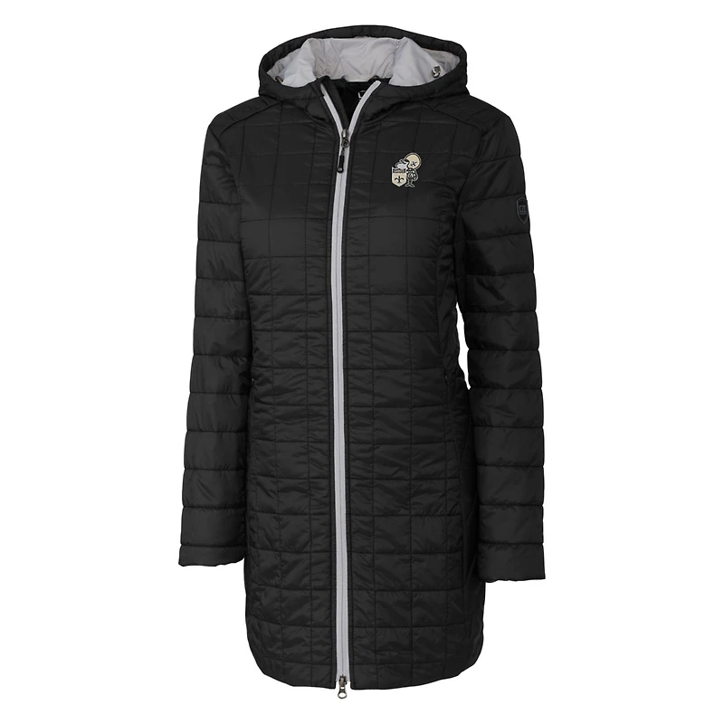 Manteau long à capuche zippé entièrement en Primaloft Eco Rainier pour femme, noir, avec logo rétro des Saints de la Nouvelle-Orléans Cutter & Buck