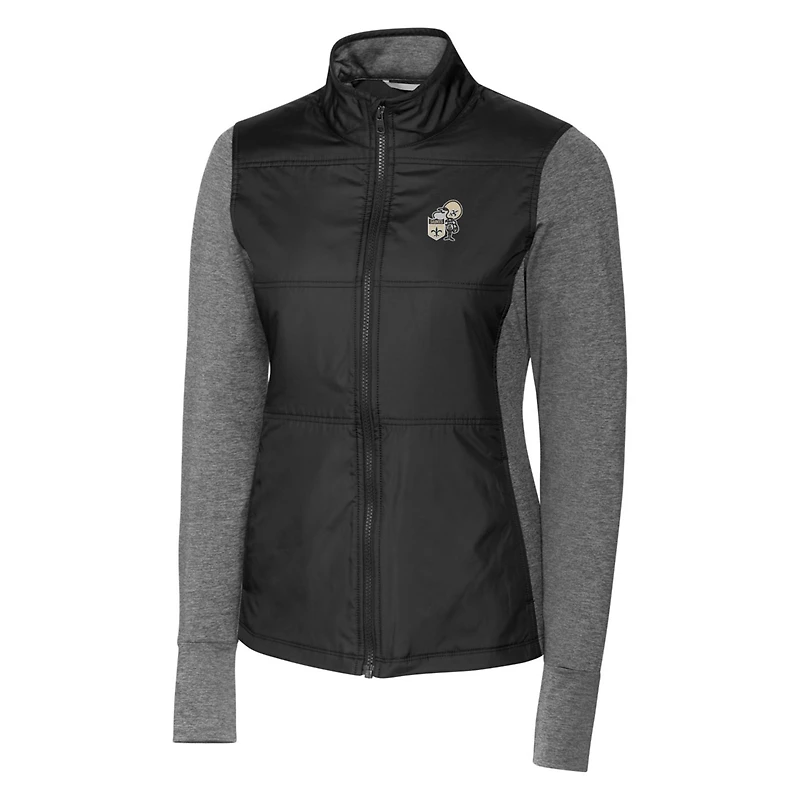 Women's Cutter & Buck Black New Orleans Saints Throwback Logo Stealth Hybrid Quilted Full-Zip Windbreaker Jacket
