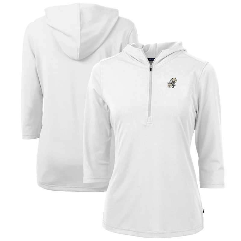 Women's Cutter & Buck White New Orleans Saints Throwback Logo Virtue Eco Pique 3/4 Sleeve Half-Zip Pullover Hoodie
