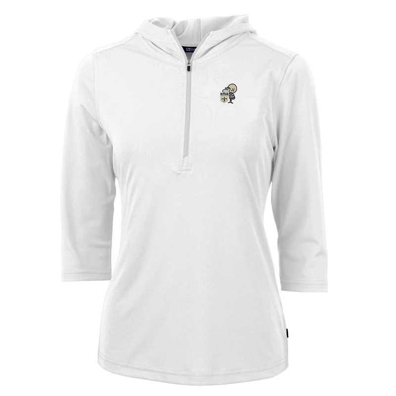 Women's Cutter & Buck White New Orleans Saints Throwback Logo Virtue Eco Pique 3/4 Sleeve Half-Zip Pullover Hoodie