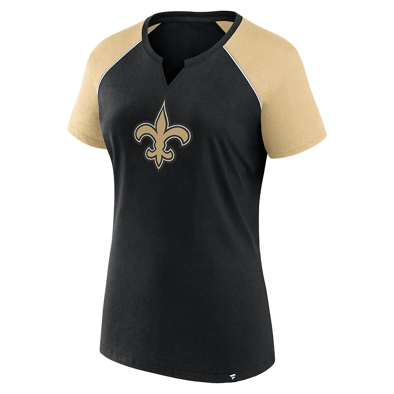 T-shirt raglan pailleté noir/or pour femme Fanatics New Orleans Saints