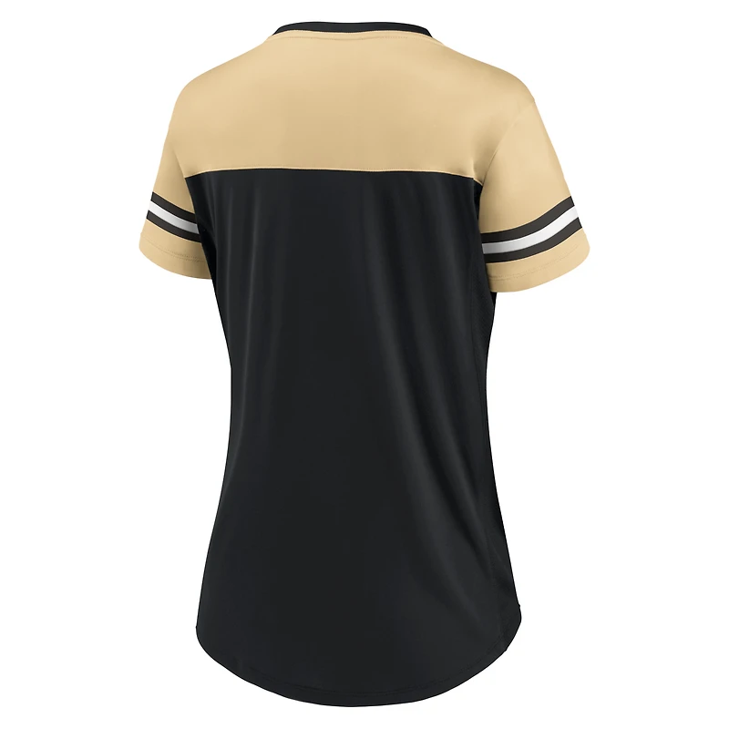 T-shirt en jersey à col V lacé Fanatics noir/or Vegas pour femmes, New Orleans Saints Blitz & Glam