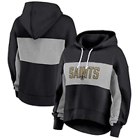 Sweat à capuche court et léger Fanatics pour femme, noir, avec fiche technique complète des New Orleans Saints.