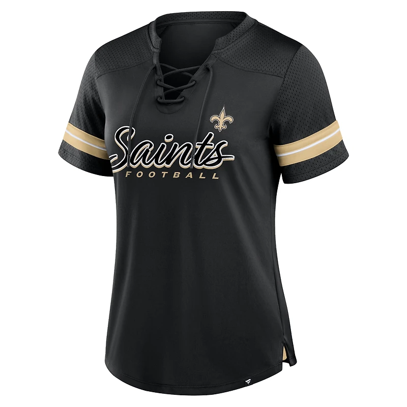 T-shirt à lacets noir New Orleans Saints Play Script pour femme Fanatics