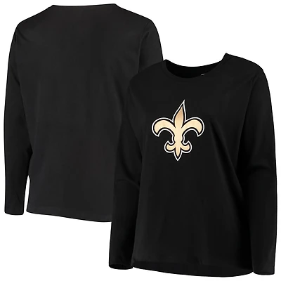 T-shirt à manches longues Fanatics noir pour femmes, logo principal des Saints de la Nouvelle-Orléans, grandes tailles