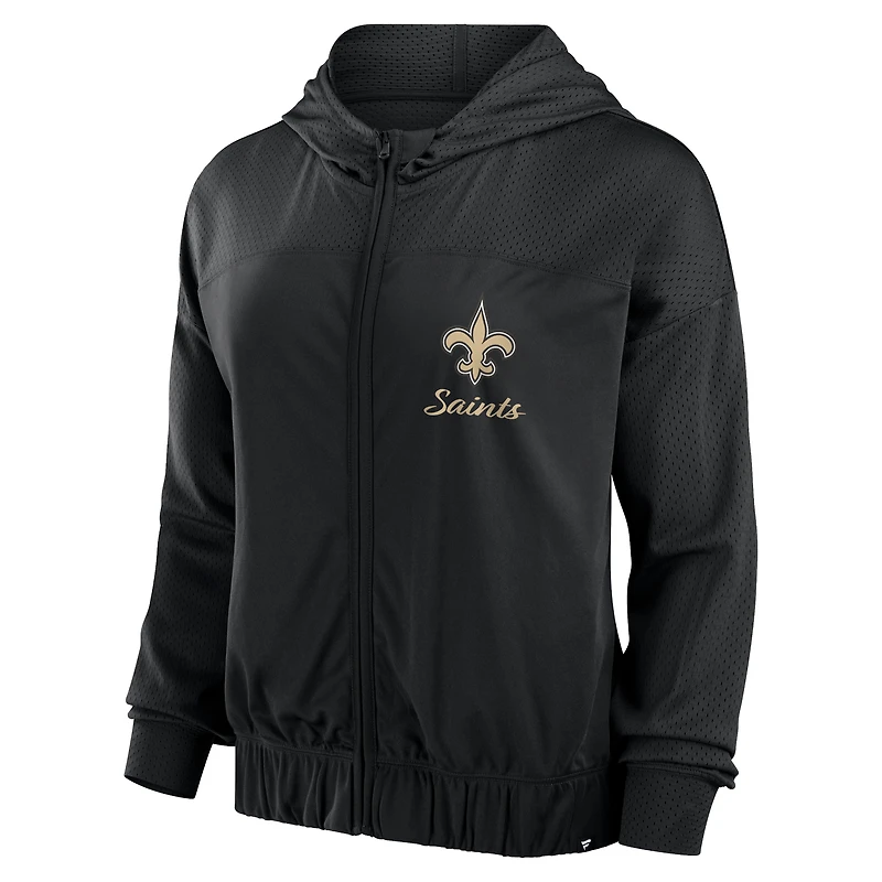 Sweat à capuche entièrement zippé noir New Orleans Saints Script Lock Fanatics pour femmes