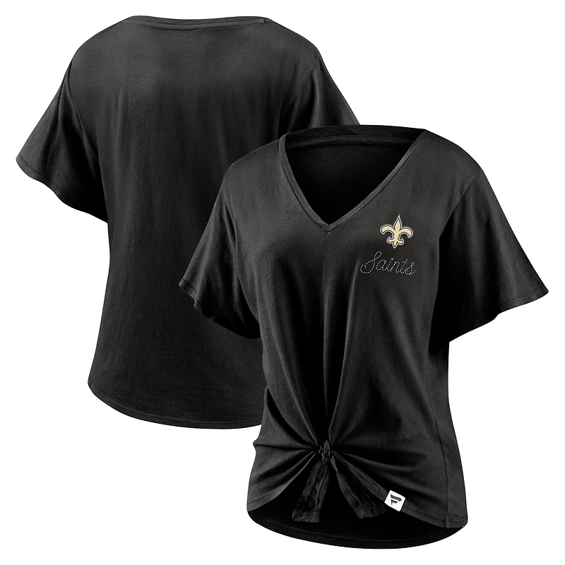 T-shirt noir à col en V noué sur le devant pour femmes Fanatics New Orleans Saints Sport Resort