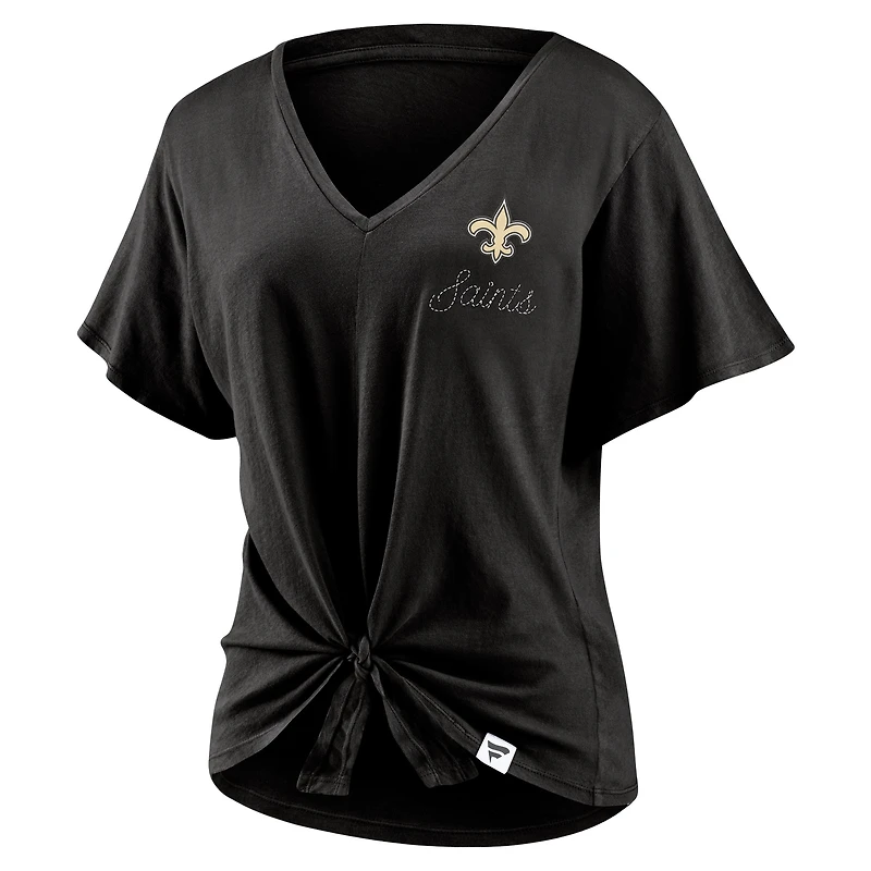 T-shirt noir à col en V noué sur le devant pour femmes Fanatics New Orleans Saints Sport Resort