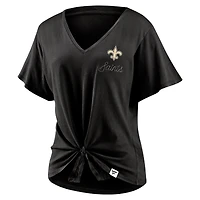 T-shirt noir à col en V noué sur le devant pour femmes Fanatics New Orleans Saints Sport Resort