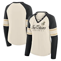 T-shirt à manches longues et col en V lacets pour femme, motif raglan, Hometown Gridiron Hero, crème/noir, New Orleans Saints