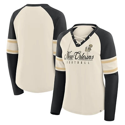 T-shirt à manches longues et col en V lacets pour femme, motif raglan, Hometown Gridiron Hero, crème/noir, New Orleans Saints