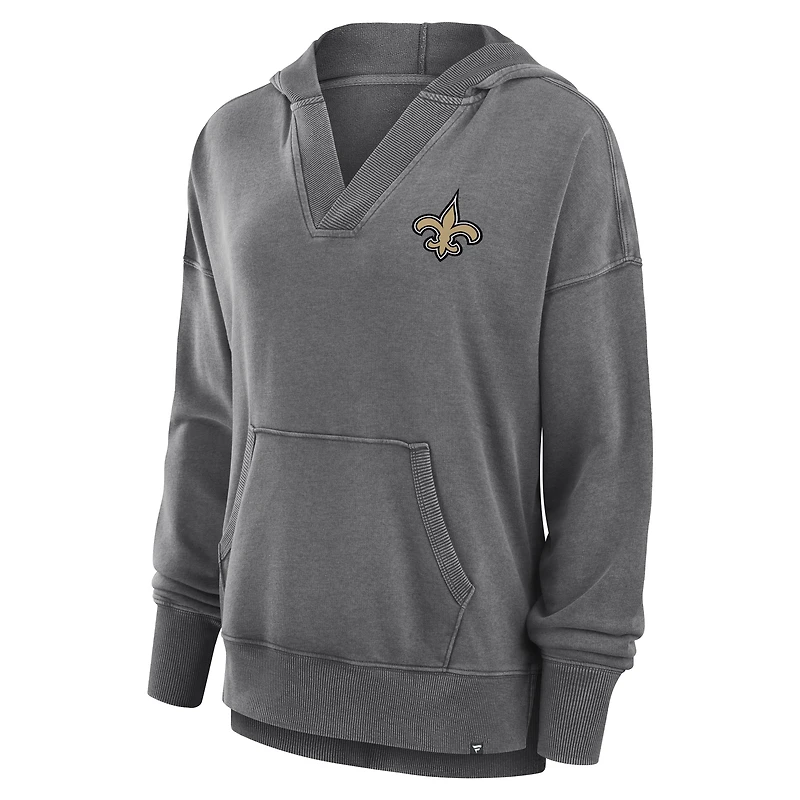 Women's Fanatics  Heather Charcoal New Orleans Saints Initiative Snow Wash French Terry V-Neck Pullover Hoodie
