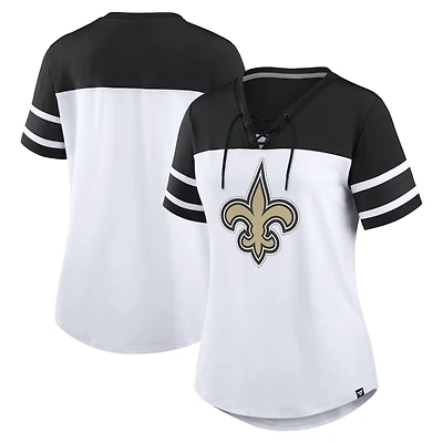 Women's Fanatics White/Black New Orleans Saints Athena Rhinestone Lace-Up V-Neck T-Shirt