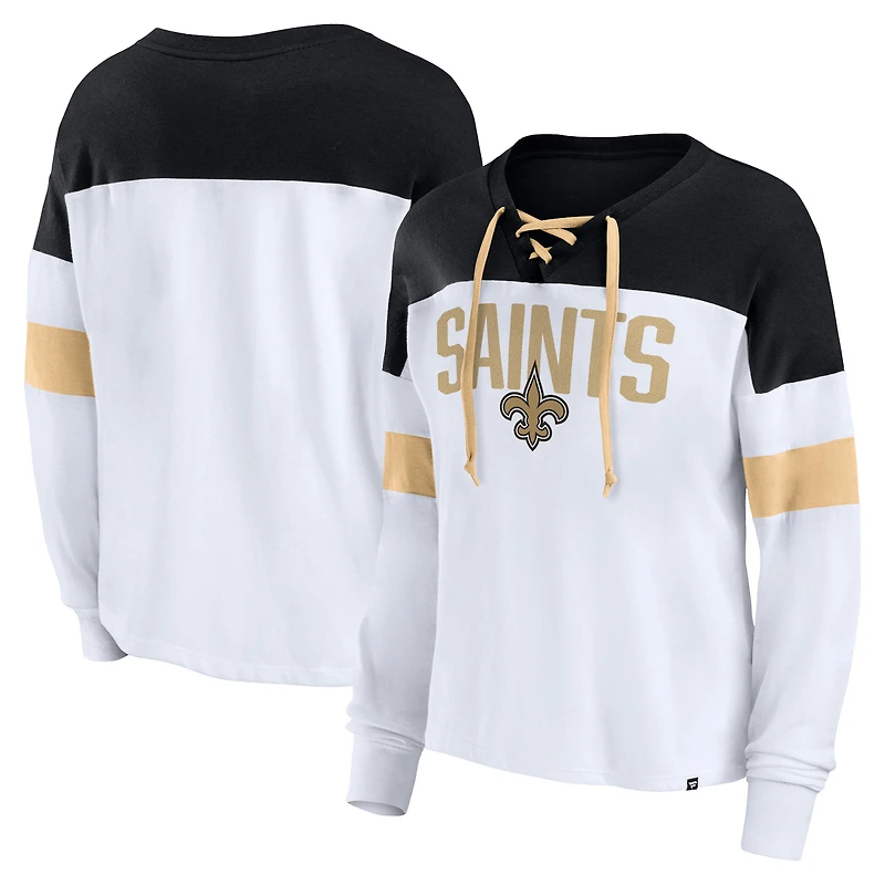 T-shirt à manches longues et col en V Fanatics pour femmes, blanc/noir, Even Match des Saints de la Nouvelle-Orléans