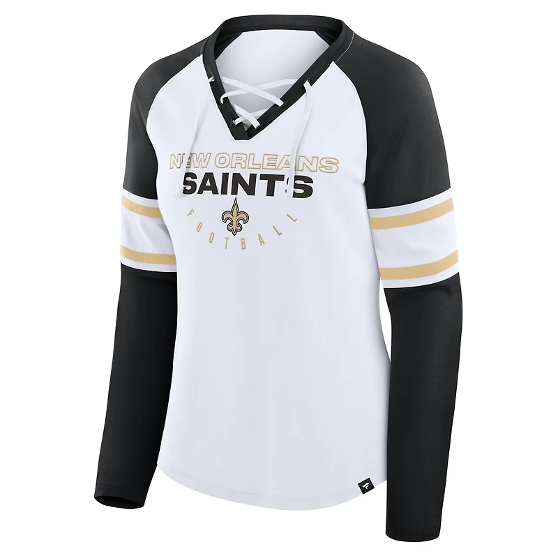 T-shirt à manches longues et col en V lacets raglan pour femme, blanc/noir, New Orleans Saints Redzone Blitz Package
