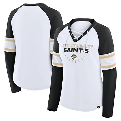 Women's Fanatics White/Black New Orleans Saints Redzone Blitz Package Raglan Lace-Up V-Neck Long Sleeve T-Shirt