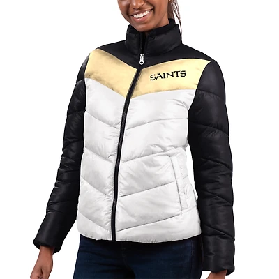 Veste matelassée entièrement zippée G-III 4Her par Carl Banks pour femmes, blanche/noire, New Orleans Saints Star