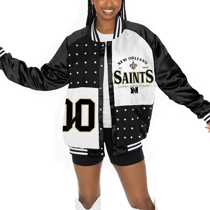 Women's Gameday Couture Black/White New Orleans Saints Oversized Hot Shot Rhinestone Throwback Full-Snap Varsity Bomber Jacket