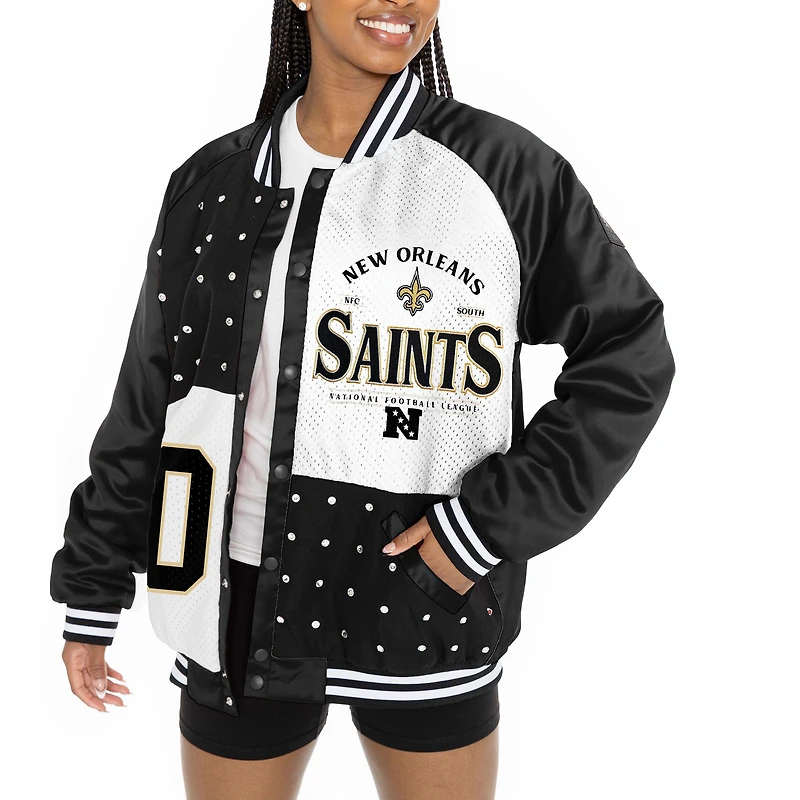 Women's Gameday Couture Black/White New Orleans Saints Oversized Hot Shot Rhinestone Throwback Full-Snap Varsity Bomber Jacket
