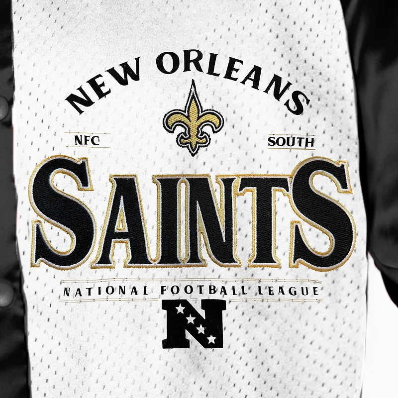 Women's Gameday Couture Black/White New Orleans Saints Oversized Hot Shot Rhinestone Throwback Full-Snap Varsity Bomber Jacket