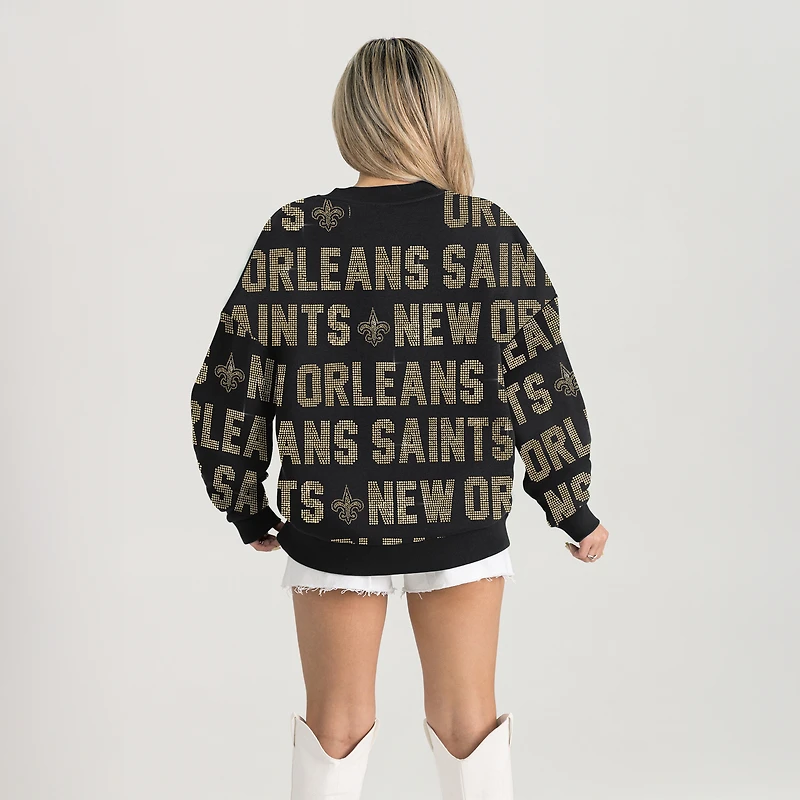 Sweat-shirt noir décontracté à épaules tombantes et texte strass Hype Era pour femme Gameday Couture des Saints de la Nouvelle-Orléans