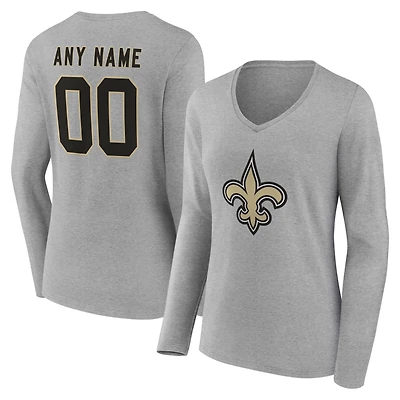 T-shirt à manches longues et col en V authentique personnalisé avec nom numéro des New Orleans Saints pour femmes, gris