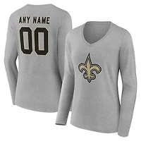 T-shirt à manches longues et col en V authentique personnalisé avec nom numéro des New Orleans Saints pour femmes, gris