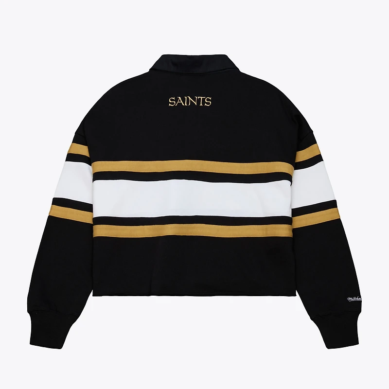 Women's Mitchell & Ness Black New Orleans Saints Cropped Long Sleeve Rugby Polo