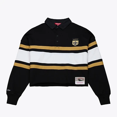 Women's Mitchell & Ness  Black New Orleans Saints Cropped Long Sleeve Rugby Polo