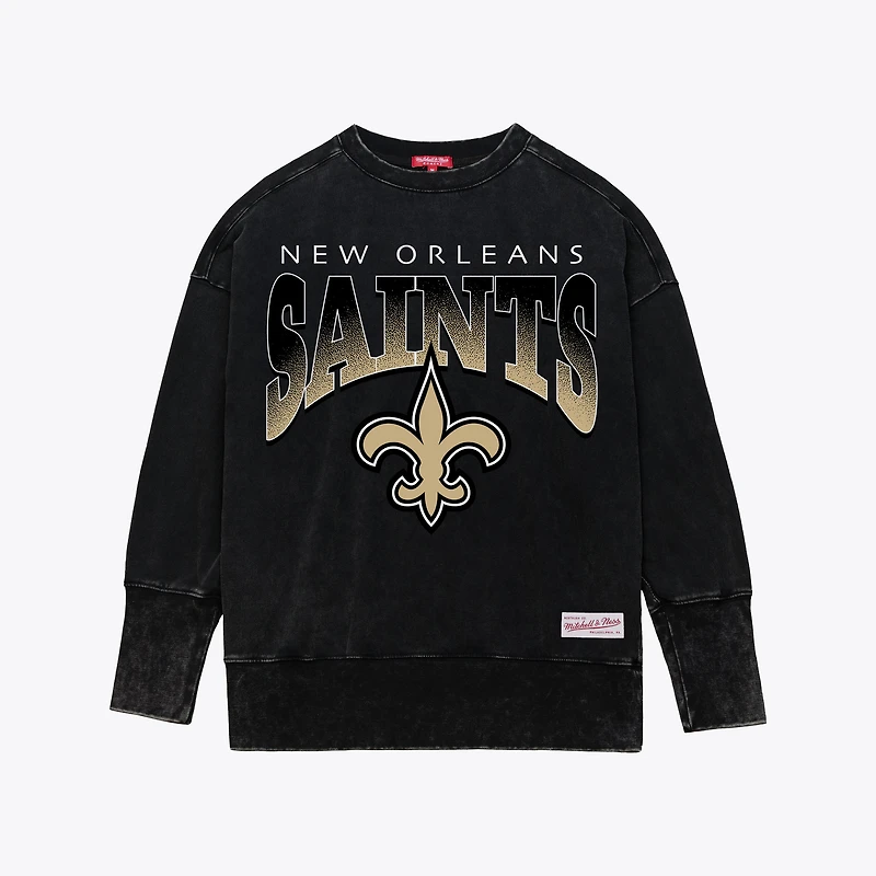 Women's Mitchell & Ness  Black New Orleans Saints Delineate Mineral Wash Crewneck Sweatshirt