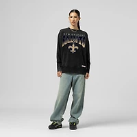 Women's Mitchell & Ness  Black New Orleans Saints Delineate Mineral Wash Crewneck Sweatshirt