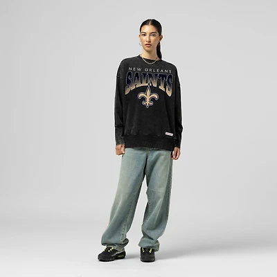 Women's Mitchell & Ness Black New Orleans Saints Delineate Mineral Wash Crewneck Sweatshirt