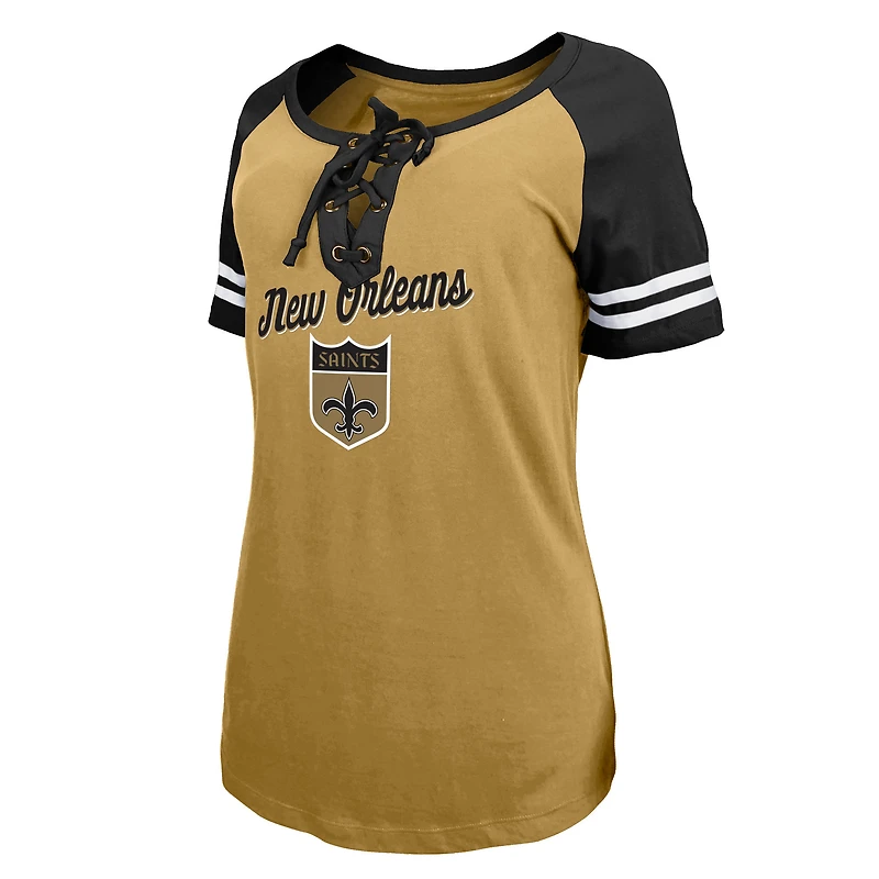 T-shirt raglan à lacets New Orleans Saints Legacy Era doré/noir pour femme