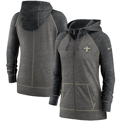 Sweat à capuche raglan entièrement zippé pour femme Nike Heathered Charcoal/Black New Orleans Saints Gym Vintage