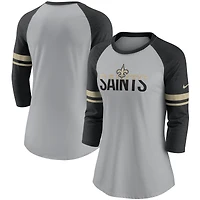 Women's Nike Heathered Gray/Black New Orleans Saints Stripe Mesh Nickname Tri-Blend 3/4-Sleeve T-Shirt