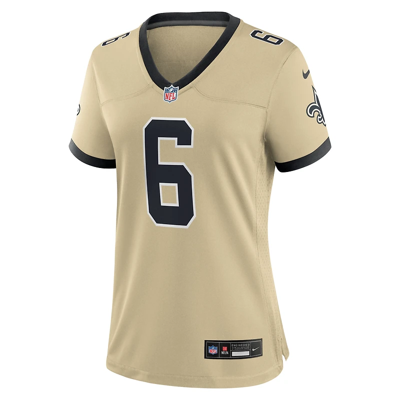 Maillot Nike Tyler Shough Gold pour femme, joueur remplaçant des Saints de la Nouvelle-Orléans