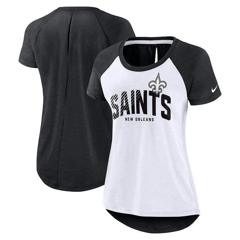 T-shirt raglan à découpes dans le dos des New Orleans Saints Nike pour femme, blanc/noir chiné