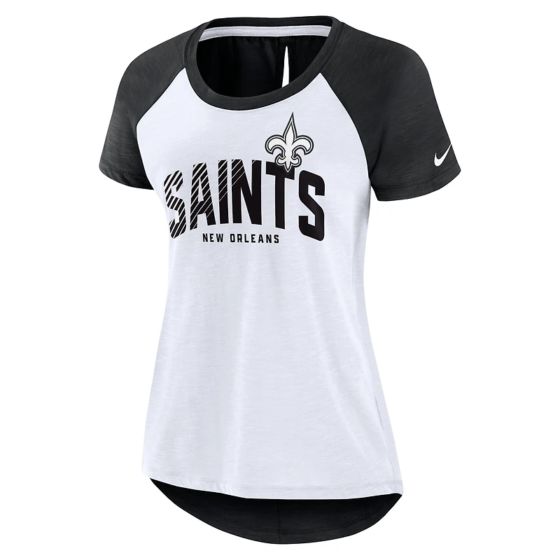 T-shirt raglan à découpes dans le dos des New Orleans Saints Nike pour femme, blanc/noir chiné