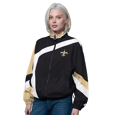 Coupe-vent zippé vintage pour femme Starter noir/or des Saints de la Nouvelle-Orléans, 1er trimestre