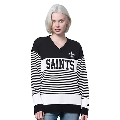 Women's Starter Black New Orleans Saints No Huddle Striped V-Neck Sweater