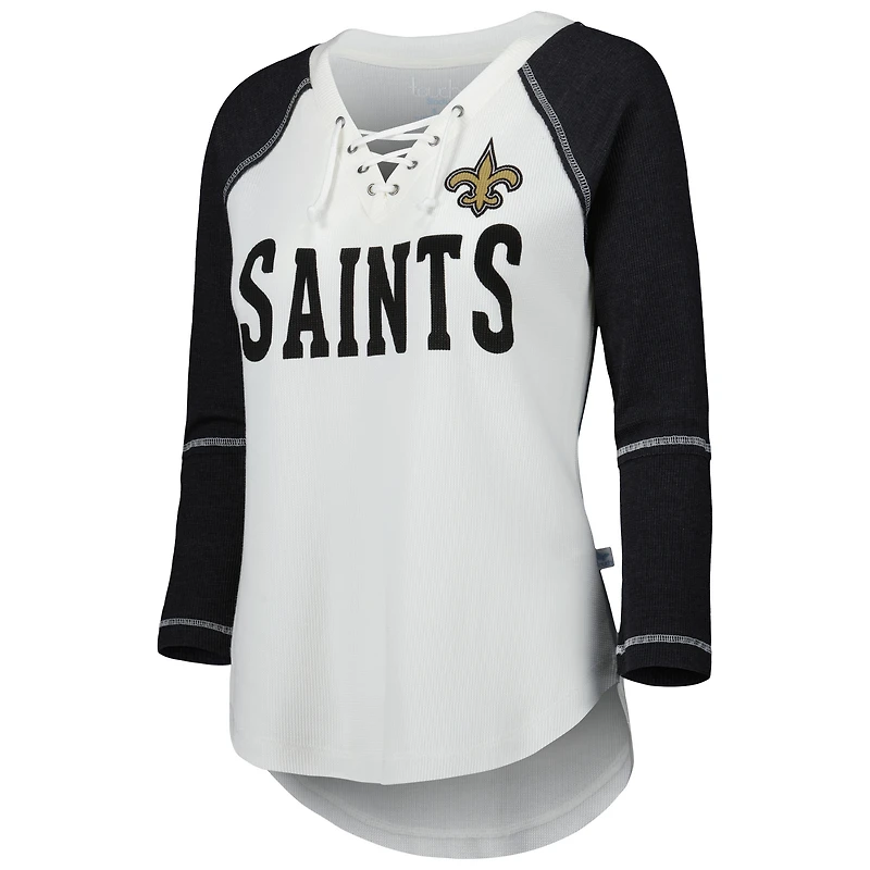 Women's Touch White/Black New Orleans Saints Rebel Raglan Tri-Blend 3/4-Sleeve Lace-Up V-Neck T-Shirt