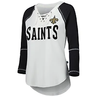 Women's Touch White/Black New Orleans Saints Rebel Raglan Tri-Blend 3/4-Sleeve Lace-Up V-Neck T-Shirt