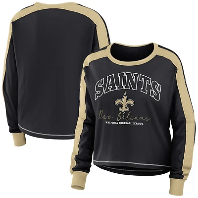 Women's WEAR by Erin Andrews Black/Gold New Orleans Saints Color Block Modest Crop Long Sleeve T-Shirt